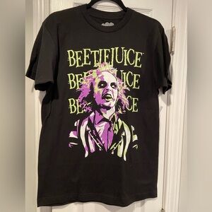 NWT Beetlejuice Size L Black Cotton Crew Neck Tee Shirt Graphic Logo Keaton